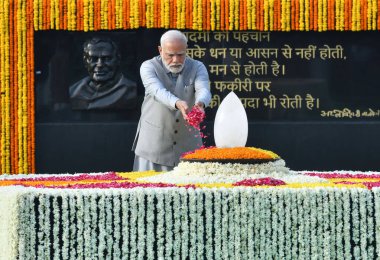 NEW DELHI INDIA AUGUST 16 2023 Prime Minister Narendra Modi pays floral tribute at Sadaiv Atal memorial on former prime minister Atal Bihari Vajpayees death anniversary on August 16 2023 in New Delhi India Photo by Arvind Yadav Hindustan Times clipart