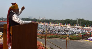 NEW DELHI INDIA, AUGUST 15 2023: Prime Minister Narendra Modi addresses the nation from the historic Red Fort on the occasion of the 77th Independence Day function at the historic Red Fort on August 15 2023 in New Delhi India. clipart