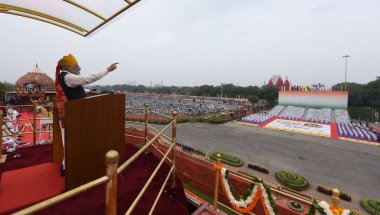 NEW DELHI INDIA, AUGUST 15 2023: Prime Minister Narendra Modi addresses the nation from the historic Red Fort on the occasion of the 77th Independence Day function at the historic Red Fort on August 15 2023 in New Delhi India. clipart