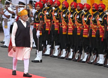 NEW DELHI INDIA, AUGUST 15 2023: Prime Minister Narendra Modi inspects the guard of honour before addressing the nation on the occasion of the 77th Independence Day on August 15 2023 in New Delhi India. clipart