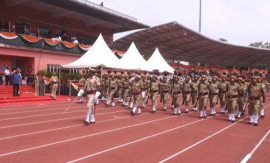 NEW DELHI INDIA, AUGUST 15 2023: Chief Minister Arvind Kejriwal salutes during the 77th Independence Day function at the Chhatrasal Stadium on August 15 2023 in New Delhi India Speaking at his governments Independence Day event at Chhatrasal Stadium. clipart