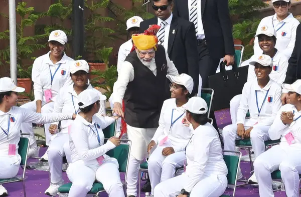 stock image NEW DELHI INDIA, AUGUST 15 2023: Prime Minister Narendra Modi meets NCC cadets after his address to the nation at Red Fort on the occasion of the 77th Independence Day on August 15 2023 in New Delhi India. 