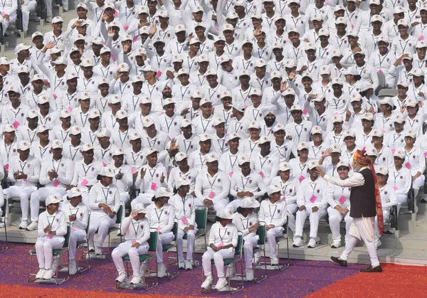 stock image NEW DELHI, INDIA AUGUST 15 2023: Prime Minister Narendra Modi meets with NCC Cadets during the 77th Independence Day function at the historic Red Fort on August 15 2023 in New Delhi India.