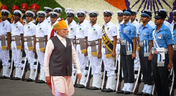 stock image NEW DELHI INDIA, AUGUST 15 2023: Prime Minister Narendra Modi inspects the guard of honour before addressing the nation on the occasion of the 77th Independence Day on August 15 2023 in New Delhi India.