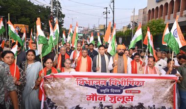 PATNA INDIA AUGUST 14 2023 Bihar BJP president Samrat Choudhary BJP MP Ravishankar Prasad Union Minister Nityanand Rai and others taking out silent march during Vibhajan Vibhishika Smriti Diwas on August 14 2023 in Patna India Photo by Santosh Kumar  clipart