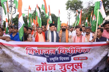 PATNA INDIA AUGust 14 Ağustos 2023 Bihar BJP Başkanı Samrat Choudhary BJP Milletvekili Ravkar Prasad Sendika Bakanı Nityanand Rai ve Vibhajan Vibhishika Smriti Diwas 14 Ağustos 2023 tarihinde Patna Hindistan 'da Santosh Kumar 