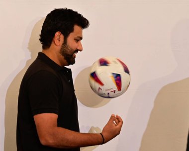 Mumbai INDIA Aug 10 2023 2023 Indian cricket team captain and LALIGA ambassador Rohit Sharma along with Cachaza MD Laliga speaks during announcement of LALIGA EA sports season at Taj Palace in Mumbai India on Thursday August 10 2023 Photo by Anshuman clipart