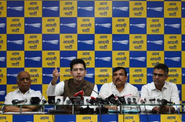 NEW DELHI INDIA AUGUST 10 2023 AAP Rajya Sabha MP Raghav Chadha along with other Member of Parliaments from AAP addresses a press conference over allegations on breach of privilege against Raghav Chadha at AAP HQ at DDU Marg on August 10 2023 in New  clipart