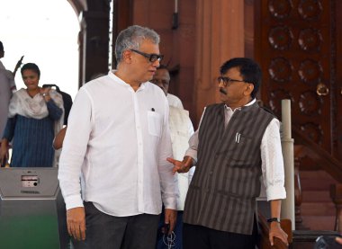 NEW DELHI INDIA AUGUST 8 2023 TMC MP Derek O Brien and Shiv Sena UBT MP Sanjay Raut at the Parliament House during the Monsoon Session on August 8 2023 in New Delhi India Photo by Sanjeev Verma Hindustan Times clipart