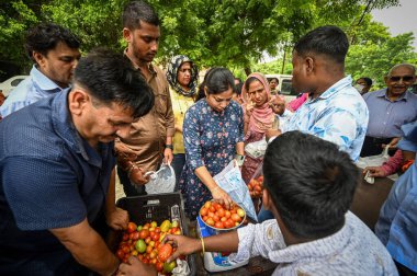 NEW DELHI INDIA 8 AĞUSTOS 2023 İnsanlar Sanchit Khanna Hindustan Times tarafından Yeni Delhi 'de 8 Ağustos 2023 tarihinde NCUI Kompleksi Hauz Khas' ta indirimli fiyatlarla Merkez Hükümet tarafından işletilen mobil bir Vans 'tan domates alırken görüldü.