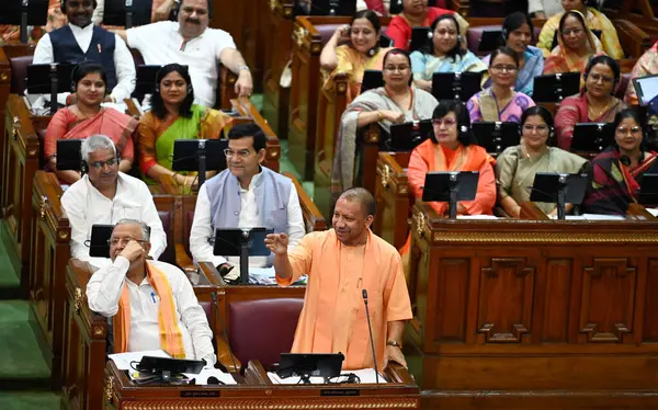 stock image LUCKNOW INDIA AUGUST 11 2023 Uttar Pradesh Chief Minister Yogi Adityanath addresses the assemblys Monsoon session at Vidhan Bhawan on August 11 2023 in Lucknow India Photo by Deepak Gupta Hindustan Times