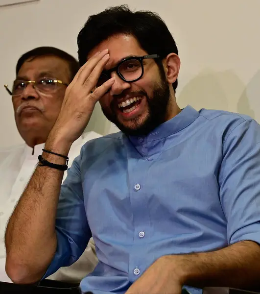 stock image MUMBAI INDIA AUGUST 7 2023 Shiv Sena UBT leader Aditya Thackeray ineracts with media during the press conference at Matoshree Bandra on August 7 2023 in Mumbai India Photo by Anshuman Poyrekar Hindustan Times