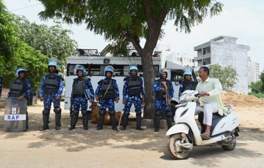 GURUGRAM INDIA AUGUST 6 2023 After the communal violence in Nuh Rapid Action Force RAF has been deployed in sector 57 near Tighar Village to maintain law and order on August 6 2023 in Gurugram India Gurugram crime branch team arrested the Tighar vill clipart