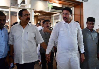 MUMBAI INDIA AUGUST 5 2023 Maharashtra Congress leader Nana Pathole NCP leader Jayant Patil along with other leaders leaves after Maha Vikas Aghadi meeting at Nehru Centre on August 5 2023 in Mumbai India NCP chief Sharad Pawar chaired a meeting of T clipart