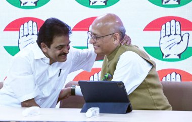 NEW DELHI INDIA AUGUST 4 2023 Congress leaders K C Venugopal and Abhishek Manu Singhvi are also seen at AICC headquarters during press conference after the Supreme Court stayed Gandhis conviction in the 2019 criminal defamation case over his Modi sur clipart