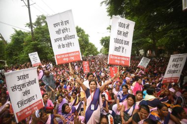 PATNA INDIA AUGUST 3 2023 Asha workers demonstrating during their mass dharna in support of various demands at Gardanibagh on August 3 2023 in Patna India Photo by Santosh Kumar Hindustan Times clipart