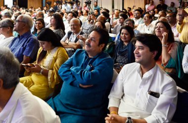 NEW DELHI INDIA AUGUST 2 2023 Union Civil Aviation Minister Jyotiraditya Scindia with Congress MP Rajeev Shukla during a panel discussion after the launch of the book PITCHSIDE authored by former Indian Cricket Team Administrative Manager Amrit Mathu clipart