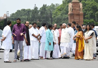 NEW DELHI INDIA AUGUST 2 2023 Mallikarjun Kharge President of Indian National Congress along with other Members of Parliament under the I N D I A alliance leave after meeting President of India at Raisina Hills on August 2 2023 in New Delhi India Lea clipart