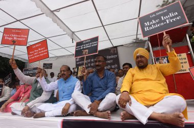 NEW DELHI INDIA AUGUST 3 2023 Former Union Minister and BJP leader Vijay Goel and other stage a Dharna along with RWAs and NGOs on Dog Menace against Mayor of Delhi & Kejriwal Government demanding stray Dog Menace Ensure 100% Sterlisation and anti Ra clipart