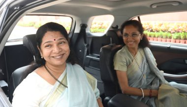 NEW DELHI INDIA AUGUST 3 2023 Member of Parliament from Thoothukudi constituency in the Lok Sabha Kanimozhi Karunanidhi and Member of Parliament Lok Sabha from Baramati Supriya Sule at Parliament House complex during Monsoon session on August 3 2023  clipart