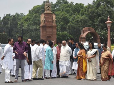 NEW DELHI INDIA AUGUST 2 2023 INDIA Parties delegation lead by Leader of the opposition Mallikaarjun Kharge after meeting the President of India at Rashtrapati Bhawan on August 2 2023 in New Delhi India Leaders of the INDIA alliance on Wednesday soug clipart