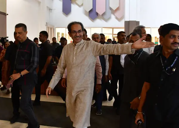 stock image MUMBAI INDIA AUGUST 5 2023 Shivsena UBT Chief Uddhav Thackeray leaves after Maha Vikas Aghadi meeting at Nehru Centre in Worli on August 5 2023 in Mumbai India NCP chief Sharad Pawar chaired a meeting of THE Maharashtra Vikas Aghadi MVA constituents 