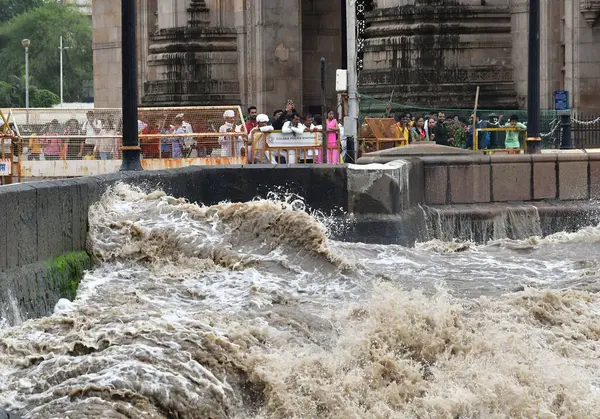 MUMBAI INDIA 4 AĞUSTOS 2023 Bir ziyaretçi Mumbai Hindistan 'ın Gateway' inde dalgaların yükselmesiyle şehrin kıyılarına vuruyor. Fotoğraf: Bhushan Koyande HT