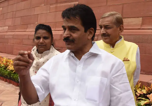 stock image NEW DELHI INDIA AUGUST 3 2023 Member of Rajya Sabha K C Venugopal Kerala Member of Parliament in the Rajya Sabha Jebi Mather Deputy Leader of the Opposition in Rajya Sabha Pramod Tiwari at Parliament House complex during Monsoon session on August 3 2