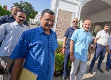 NEW DELHI INDIA SEPTEMBER 27 2024 Former Chief Minister of Delhi and AAP National Convenor Arvind Kejriwal with former Delhi Deputy Chief Minister Manish Sisodia during the Delhi Legislative Assembly at Delhi Vidhan Sabha on September 27 2024 in New  clipart