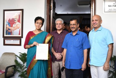 NEW DELHI INDIA SEPTEMBER 27 2024 Former Delhi chief minister Arvind Kejriwal with Chief Minister Atishi Minister Kailash Gahlot and former deputy chief Minister manish sisodia during Delhi Assembly session at the Vidhan Sabha on September 27 2024 in clipart