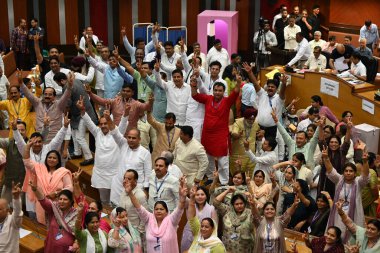 NEW DELHI INDIA SEPTEMBER 27 2024 BJP candidate Sunder Singh from Bhati Tanwar ward with BJP Councilors wining the 18th member of the MCD Standing Committee election at Civic Center on September 27 2024 in New Delhi India Photo by Sonu Mehta Hindusta clipart