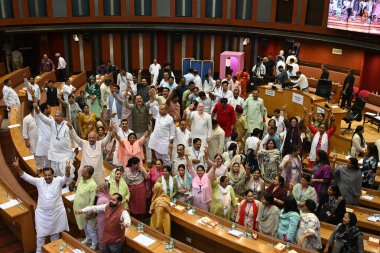 NEW DELHI INDIA SEPTEMBER 27 2024 BJP Councilors celebrating after BJP candidate Sunder Singh from Bhati Tanwar ward wining the 18th member of the MCD Standing Committee election at Civic Center on September 27 2024 in New Delhi India Photo by Sonu M clipart