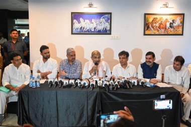 GURUGRAM, INDIA, SEPTEMBER 27, 2024 Pramod Tiwari Congress MP Rajya Sabha Sukhbir Kataria Ex Minister and Pankaj Dawar Media coordinator address a press conference about the Haryana Assembly Election in a Hotel at Rajiv chowk near District Court  clipart