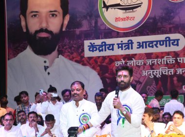 PATNA INDIA SEPTEMBER 30 2024 Union Minister and Lok Janshakti Party national president Chirag Paswan addressing during partys Scheduled Castes and Scheduled Tribes cell meeting at S K Memorial hall on September 30 2024 in Patna India Photo by Santos clipart