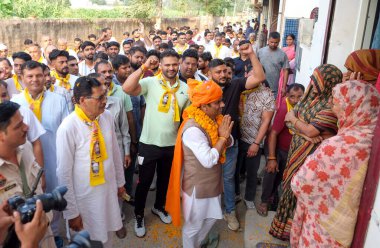 GURUGRAM INDIA OCTOBER 1 2024 Kalyan Singh Chauhan Independent candidate from Sohna seat in Haryana Assembly elections meeting people during election campaign in a village of Sohna constituency on October 1 2024 in Gurugram India Photo by Parveen Kum clipart