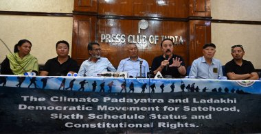 NEW DELHI INDIA OCTOBER 1 2024 Apex members of Ladakh committee Tsering Dorjay along with Other Members addressing a press conference after arrested environmentalists Sonam Wangchuk and Others at Press club 150 Ladakhis were on a peace march to highl clipart