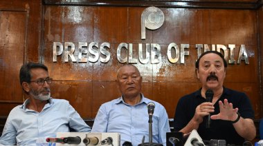 NEW DELHI INDIA OCTOBER 1 2024 Apex members of Ladakh committee Tsering Dorjay along with Other Members addressing a press conference after arrested environmentalists Sonam Wangchuk and Others at Press club 150 Ladakhis were on a peace march to highl clipart