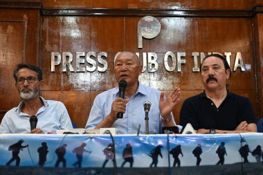 NEW DELHI INDIA OCTOBER 1 2024 Apex members of Ladakh committee Tsering Dorjay along with Other Members addressing a press conference after arrested environmentalists Sonam Wangchuk and Others at Press club 150 Ladakhis were on a peace march to highl clipart