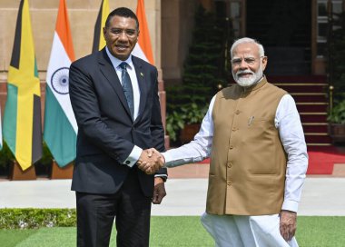 NEW DELHI INDIA ECTOBER 12024 Başbakan Narendra Modi Andrew Holness başbakanıyla 1 Ekim 2024 'te Hyderabad House' da bir araya geldi.