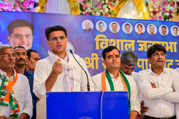 stock image GURUGRAM INDIA OCTOBER 1 2024 Sachin Pilot Ex Deputy Chief Minister of Rajasthan addresses a public meeting for Vardhan Yadav Badshahpur Candidate for Haryana Assembly Election campaign at Diwan Palace in Badshahpur village on October 1 2024 in Gurug