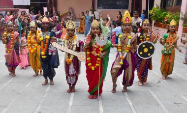 MUMBAI INDIA OCTOBER 5 2024 M S K Prathmik Vidyalaya school girls dressed as nine different goddesses on the occasion of Navratri festival in the school at Chunabhatti on October 5 2024 in Mumbai India Navratri is a festival that symbolizes the femin clipart