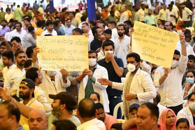 NEW DELHI INDIA OCTOBER 6 2024 Issues of Mukherjee Nagar coaching center are seen raising during the AAP Janta Ki Adalat at Chhatrasal Stadium on October 6 2024 in New Delhi India Kejriwal Sunday touted subsidized services in Delhi like education and clipart