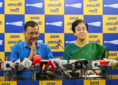 NEW DELHIINDIA OCTOBER 7 2024 AAP National Convener Arvind Kejriwal with Delhi CM Atishi during a press conference at Party Office at Pt Ravi Shankar Shukla Lane on October 7 2024 in New Delhi India Photo by Vipin Kumar/Hindustan Times clipart