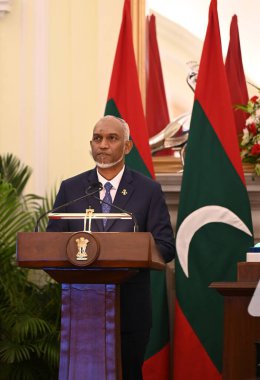 NEW DELHIINDIA 7 Ekim 2024 Dr Mohamed Muizzu Maldivler Cumhuriyeti Başkanı ve Hindistan Başbakanı Narendra Modi Hyderabad House 'da 7 Ekim 2024 tarihinde yapılan ortak açıklama sırasında Sonu Mehta / Hindustan Times