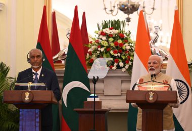 NEW DELHIINDIA 7 Ekim 2024 Dr Mohamed Muizzu Maldivler Cumhuriyeti Başkanı ve Hindistan Başbakanı Narendra Modi Hyderabad House 'da 7 Ekim 2024 tarihinde yapılan ortak açıklama sırasında Sonu Mehta / Hindustan Times