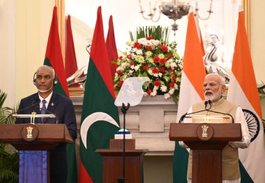 NEW DELHIINDIA 7 Ekim 2024 Dr Mohamed Muizzu Maldivler Cumhuriyeti Başkanı ve Hindistan Başbakanı Narendra Modi Hyderabad House 'da 7 Ekim 2024 tarihinde yapılan ortak açıklama sırasında Sonu Mehta / Hindustan Times