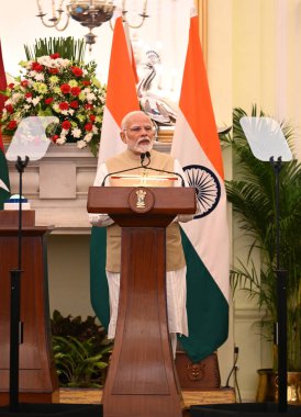 NEW DELHIINDIA 7 Ekim 2024 Dr Mohamed Muizzu Maldivler Cumhuriyeti Başkanı ve Hindistan Başbakanı Narendra Modi Hyderabad House 'da 7 Ekim 2024 tarihinde yapılan ortak açıklama sırasında Sonu Mehta / Hindustan Times