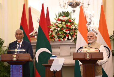 NEW DELHIINDIA 7 Ekim 2024 Dr Mohamed Muizzu Maldivler Cumhuriyeti Başkanı ve Hindistan Başbakanı Narendra Modi Hyderabad House 'da 7 Ekim 2024 tarihinde yapılan ortak açıklama sırasında Sonu Mehta / Hindustan Times