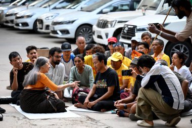 NEW DELHIINDIA OCTOBER 7 2024 Climate activist Sonam Wangchuk with supporters begins hunger strike at Ladakh Bhawan for demand of Sixth Schedule status for Ladakh on October 7 2024 in New Delhi India Sonam Wangchuk sat on a fast at the Ladakh Bhawan  clipart