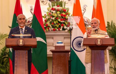 NEW DELHIINDIA 7 Ekim 2024 Başbakan Narendra Modi ve Maldivler Başkanı Muhammed Muizzu, 7 Ekim 2024 tarihinde Yeni Delhi Hindistan 'da Raj K Raj / Hindustan Times tarafından çekilen bir basın toplantısında Hyderabad House' da bir konuşma yaptı.